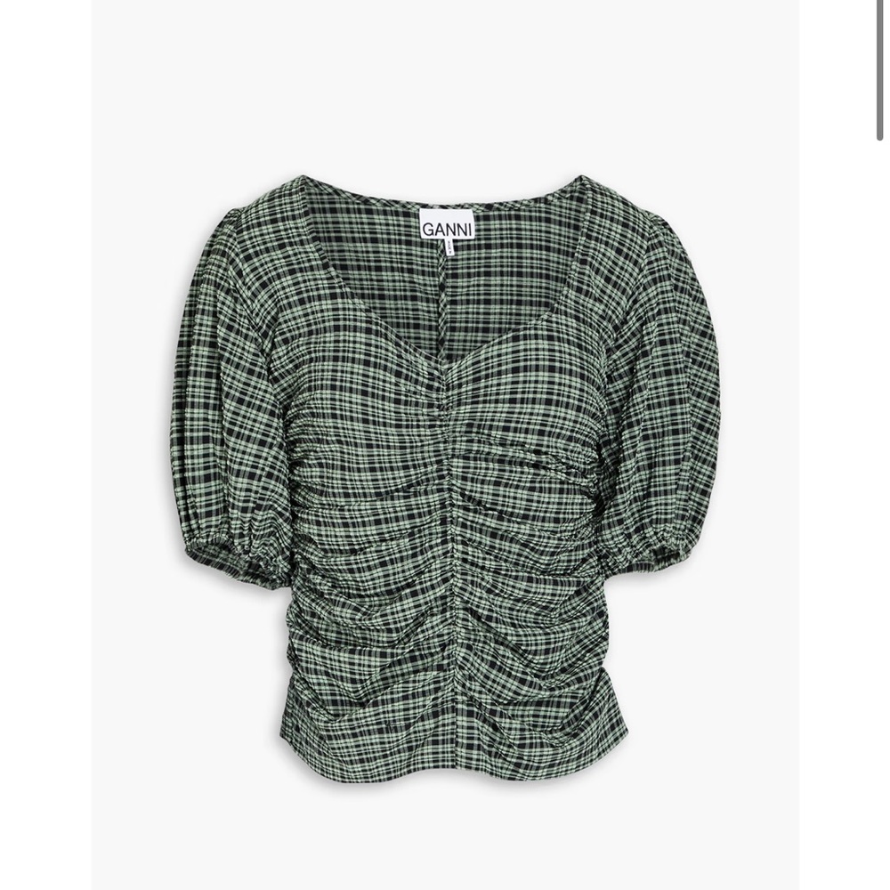 Ganni Ruched Checkered Seersucker Top